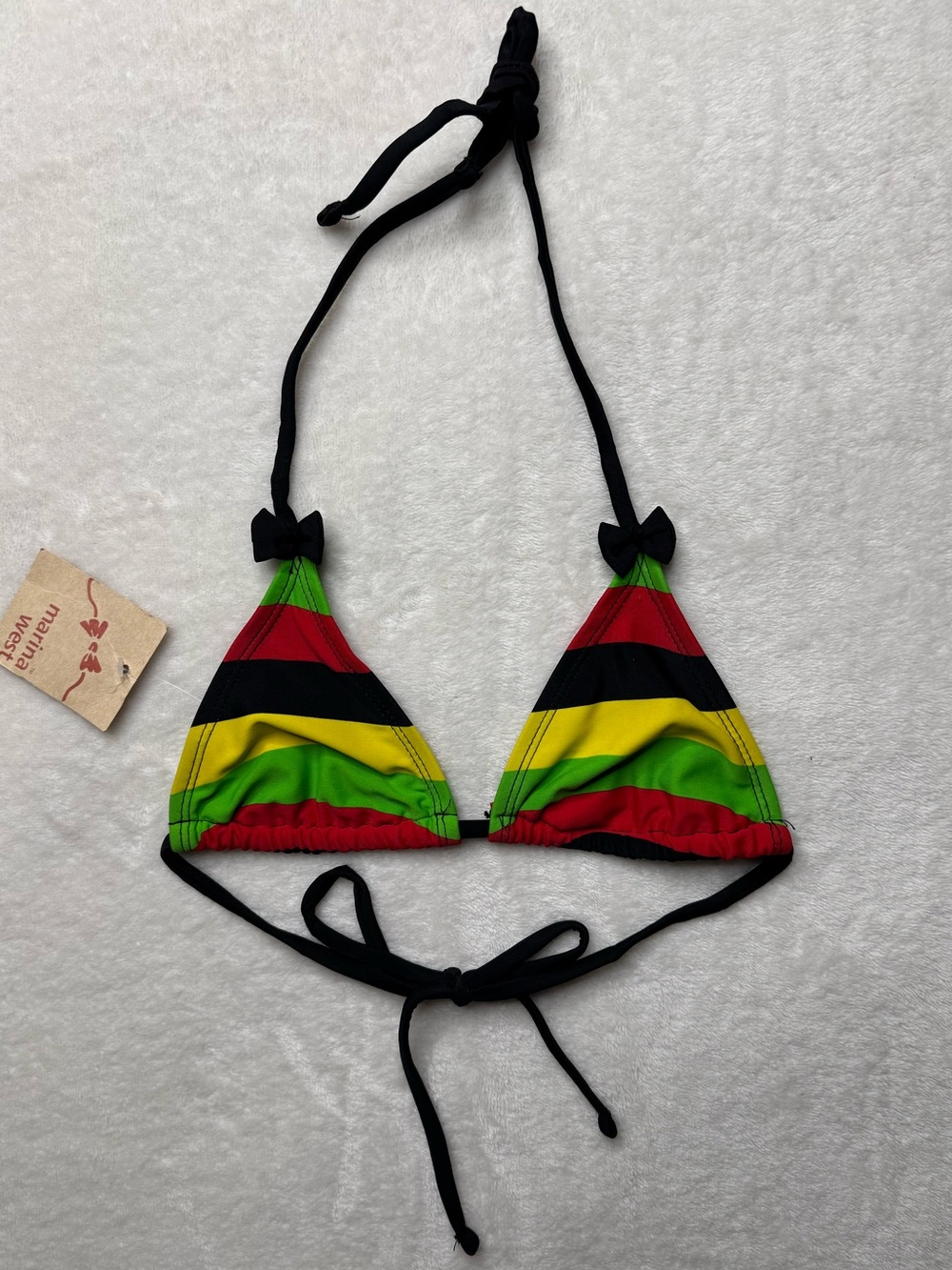 Marina West - Triangle Bikini Top in Red, Yellow & Green Stripes with Bows